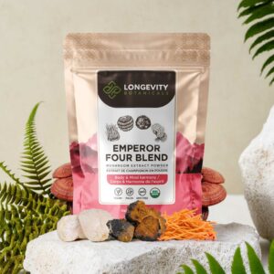 Emperor 4 Mushroom Blend Powder 10:1 Extract. Reishi, Cordyceps, Lion’s Mane & Chaga (3.5oz / 100g)