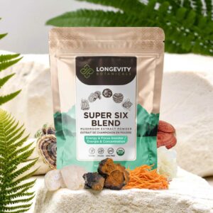 Super Six Mushroom Blend Powder 10:1 Extract. Reishi, Cordyceps, Lion’s Mane, Chaga, Tremella & Turkey Tail (3.5oz / 100g)
